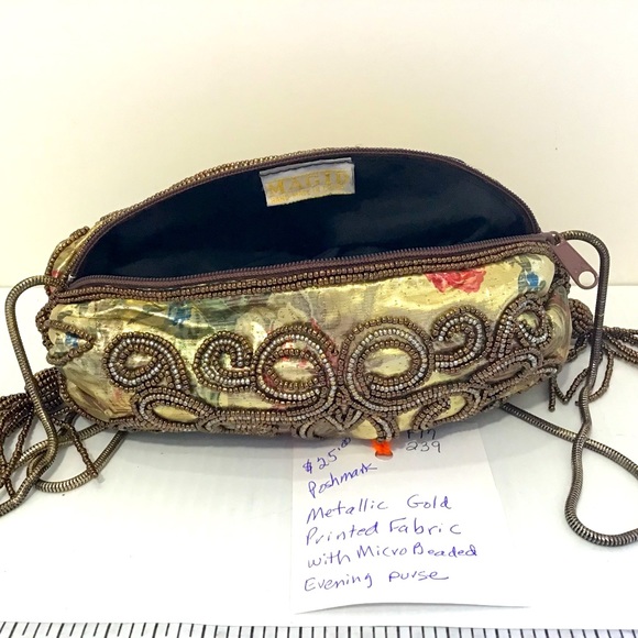 Evening Purse Metallic Gold Printed Fabric w/ Micro-beading - Picture 3 of 3